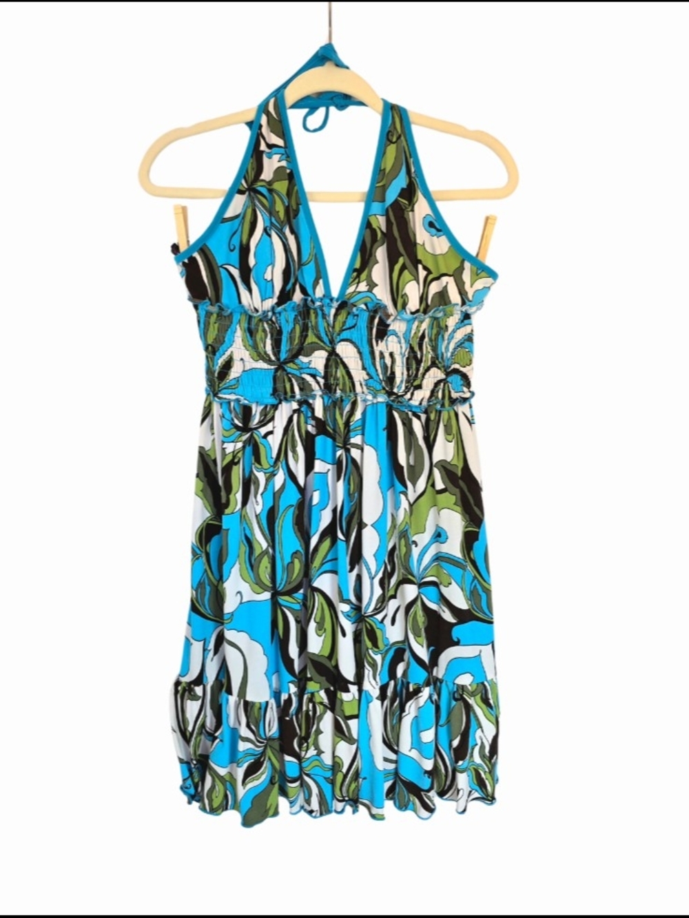 Candie's Abstract Blue Green Y2K Retrocore Halter Dress Stretch Summer Size L